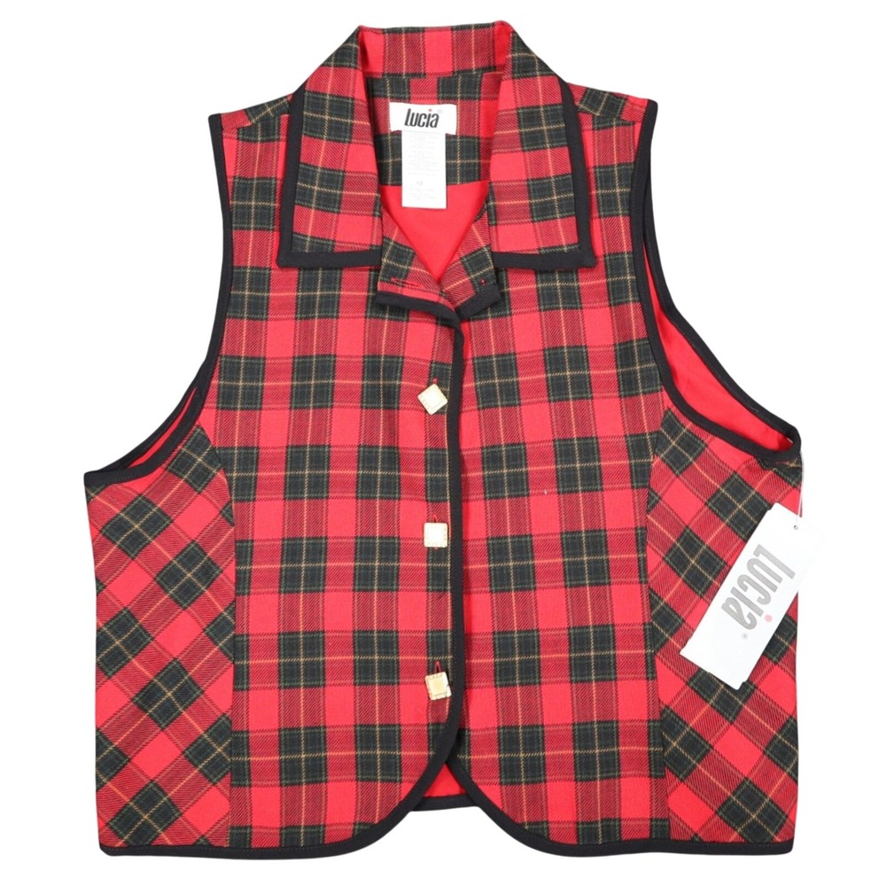Lucia Plaid Vest Womens Size 12 Vintage 90s Red Tartan Button Front Made in USA